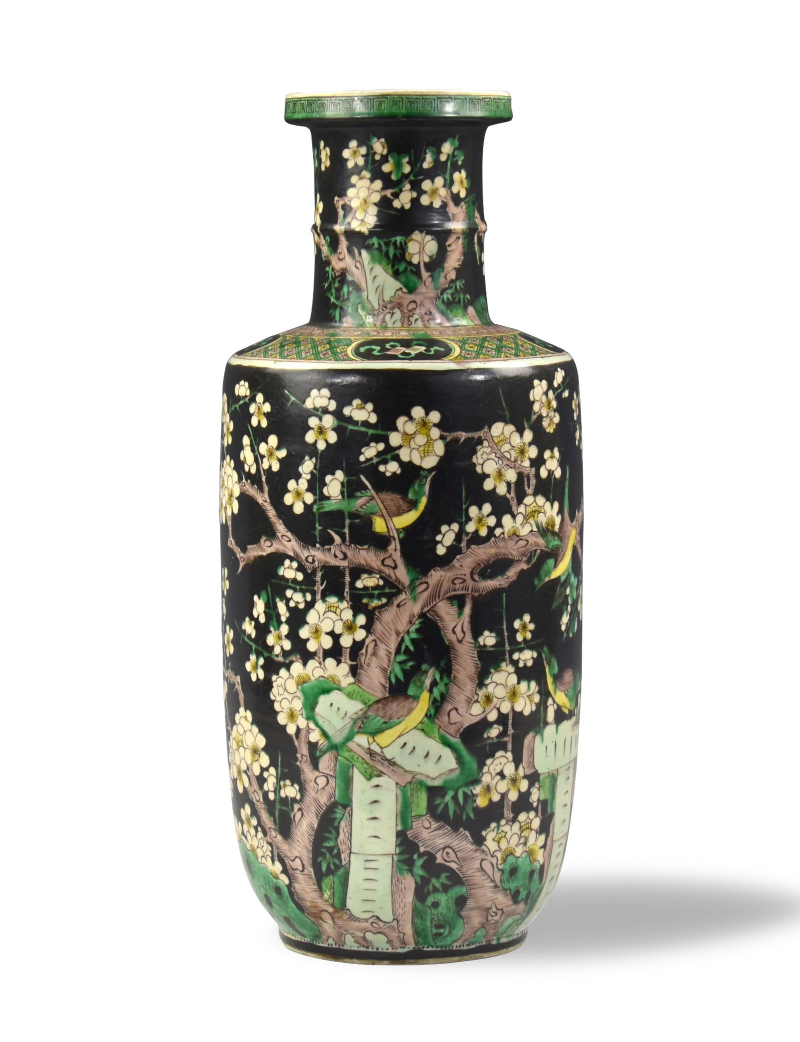 Chinese Famille Noire Rouleau Vase, 19th C.: Chinese famille noire rouleau vase, dated from the 19th C. A tall vase with vivid black ground and white budding flowers on branches throughout. two pheasant looking to each other, The straight neck l