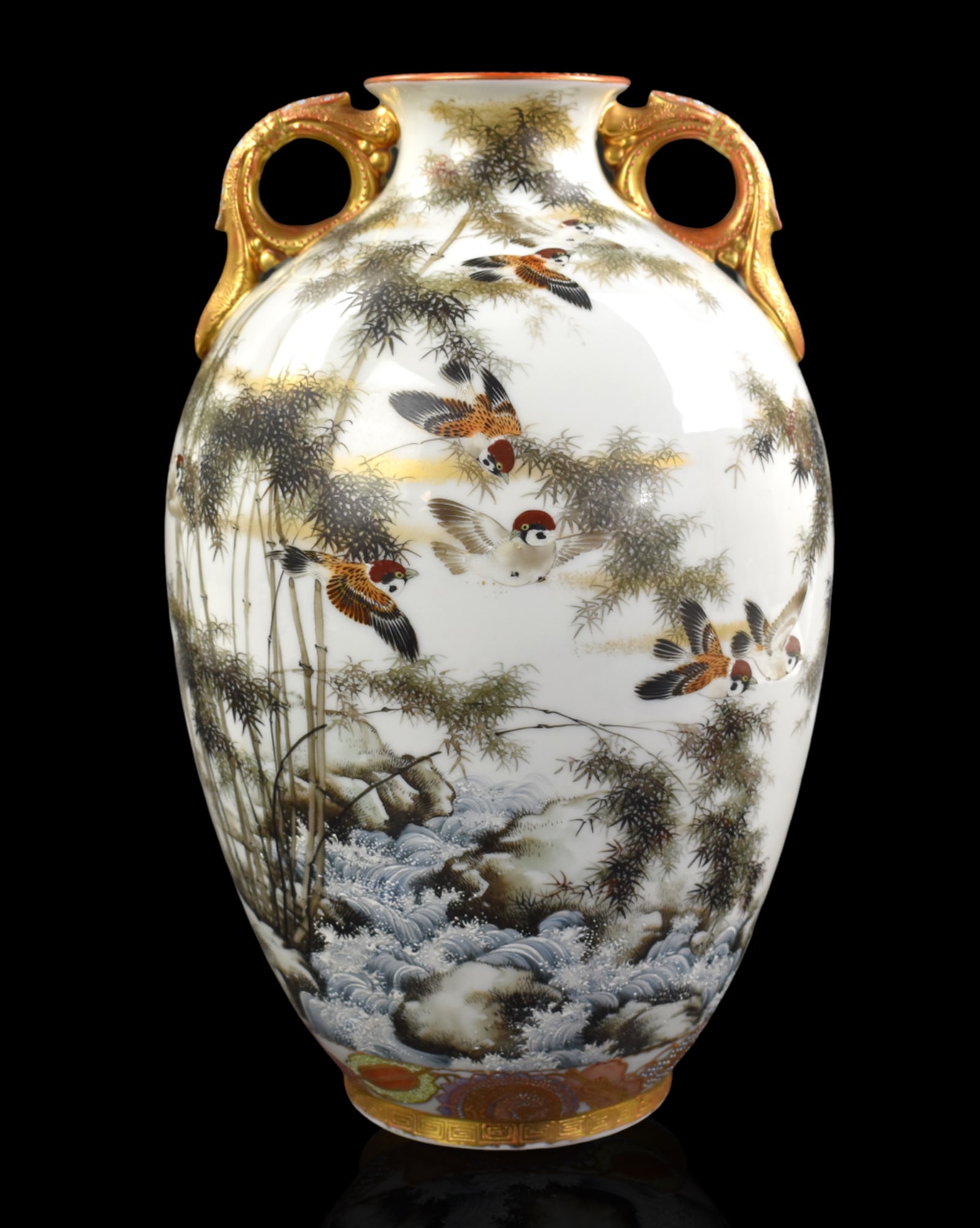 Japanese Sastuma"Sparrow" Handle Vase,Meiji Period: Japanese Sastuma vase, dated to Meiji Period, high shouldered vase with wide body with two ornate gilded loop handles at the small neck and flared mouth. featuring group sparrows fly in a bamboo fores