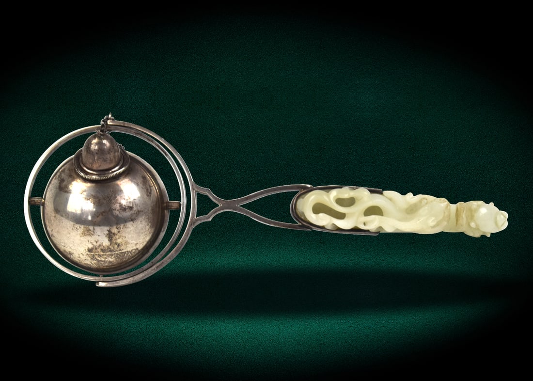 Sterling Silver Oil Lamp w/Jade Dragon Hook,18th C (1 of 12)