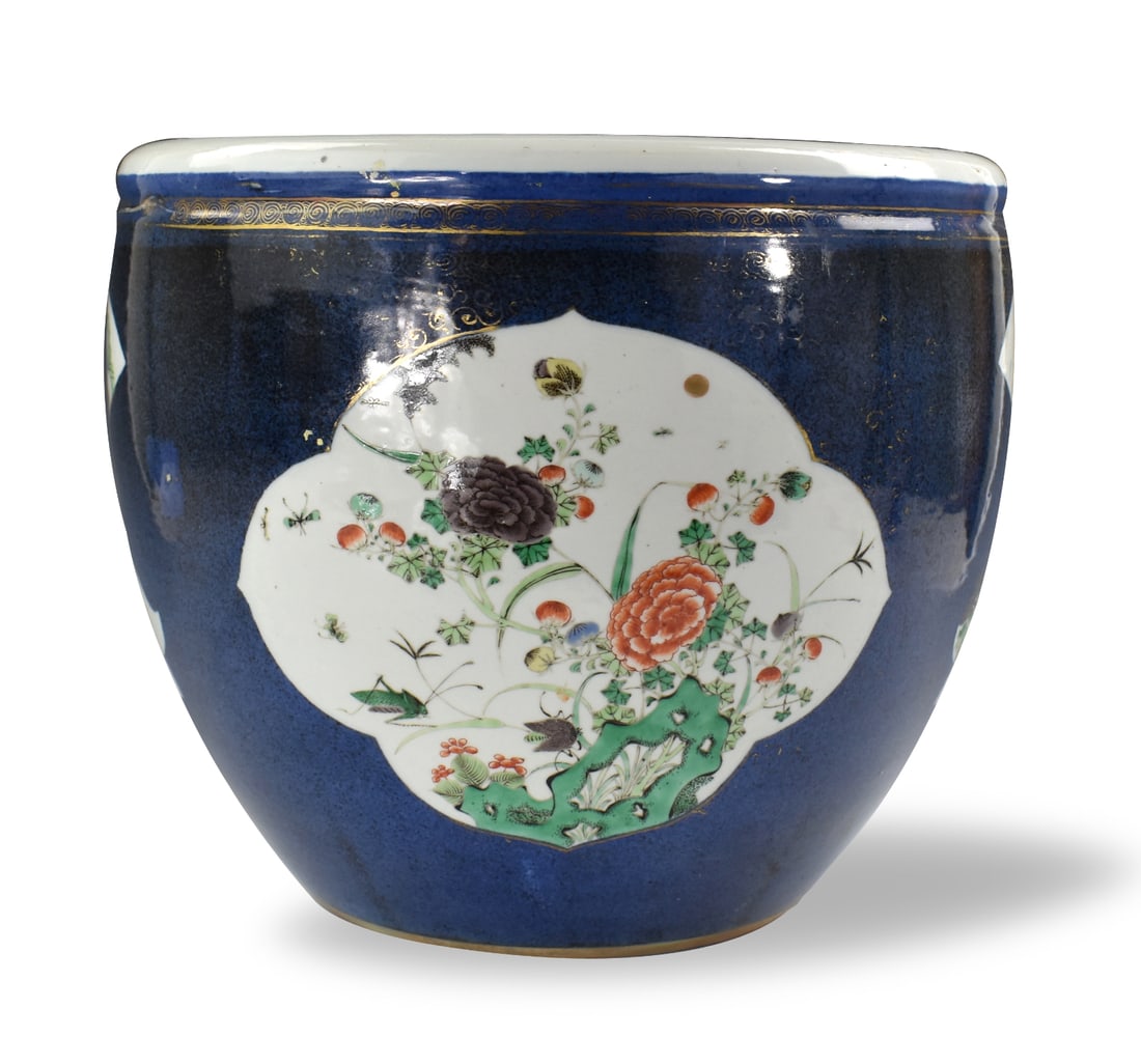 Chinese Powder Blue Famille Verte Fish Bowl,19th C: Chinese cobalt blue famille verte fish bowl, dating from the 19th century. A heavily potted fish bowl with thick sides and thick rounded rim. White glaze interior and body design of multiple panels ag