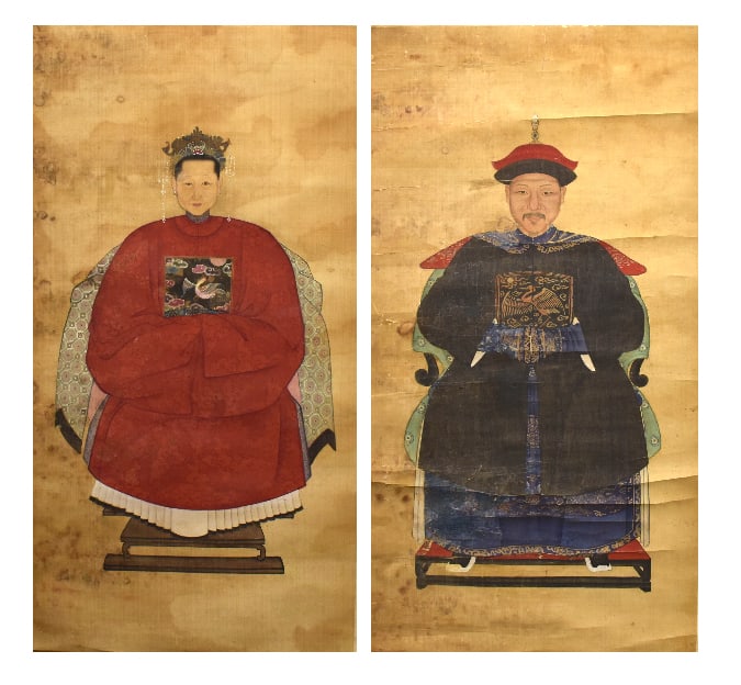2 Chinese Ancestor Portrait Silk Painting, Qing D. (1 of 11)