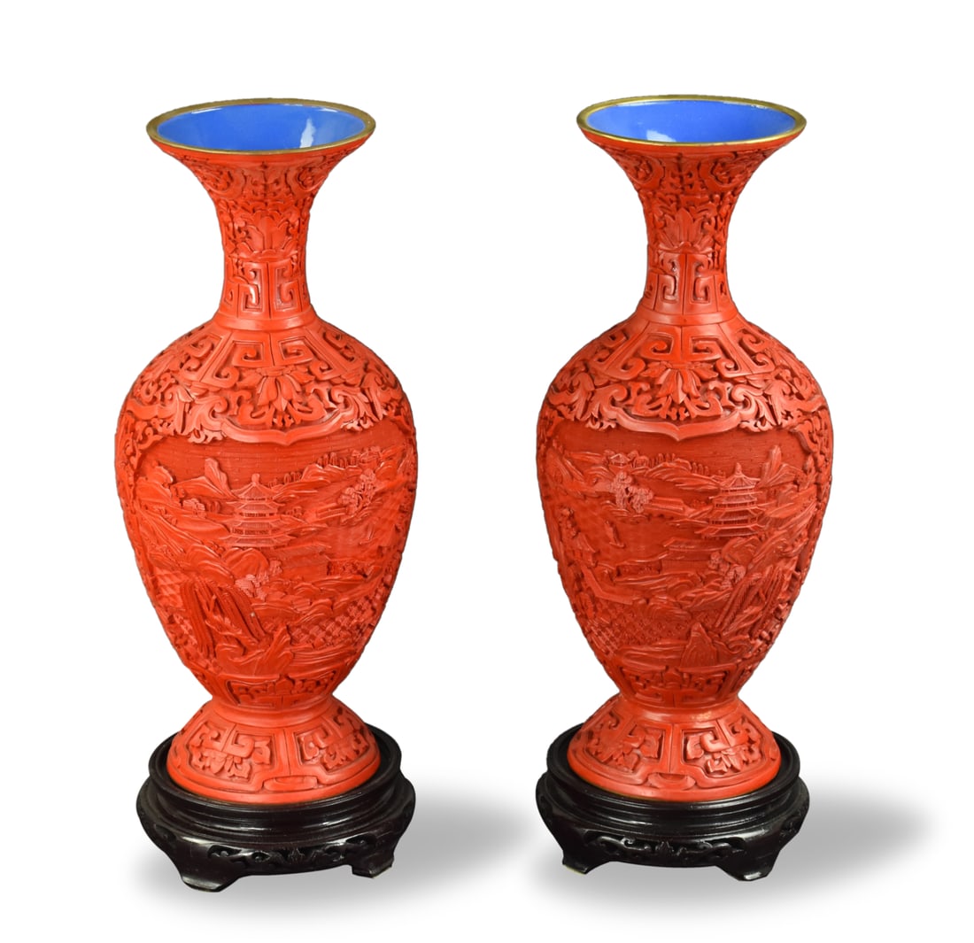 Pair of Chinese Cinnabar Carved Lacquered Vases (1 of 12)