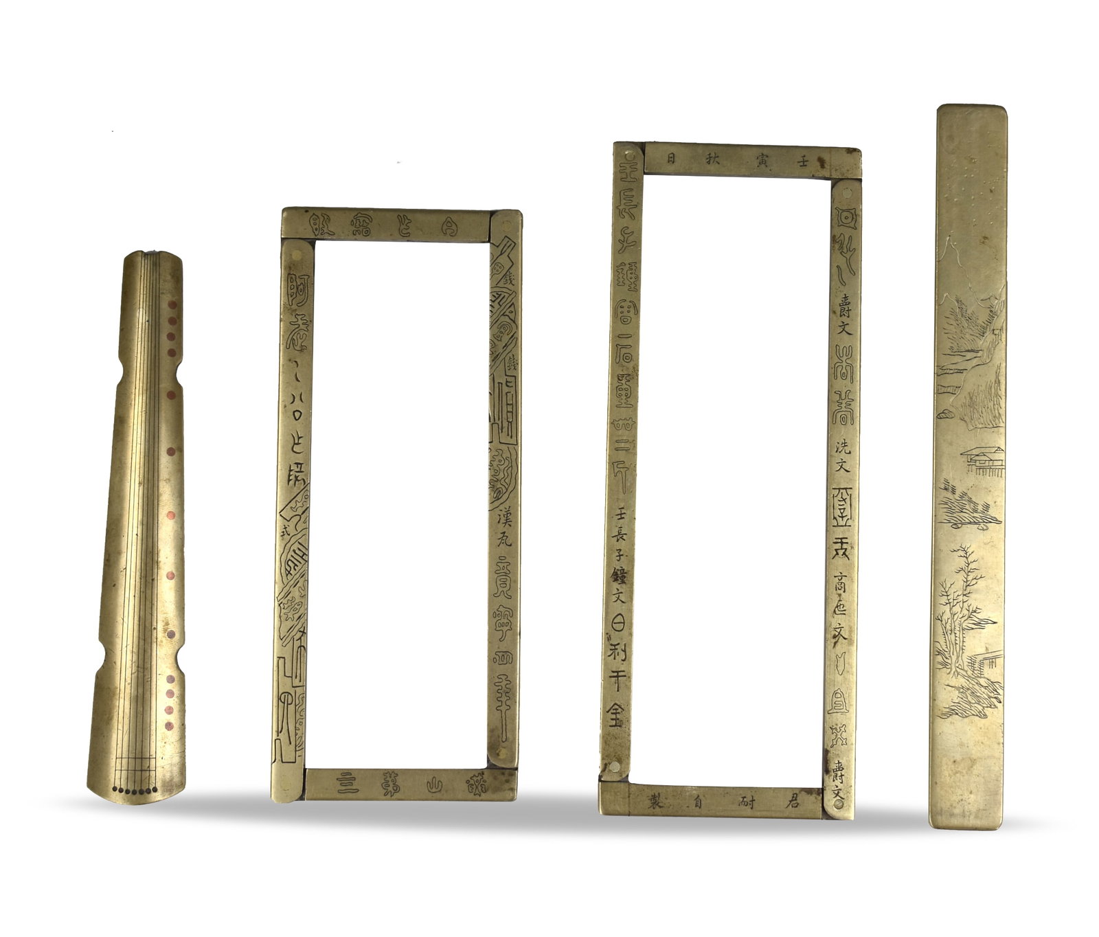 4 Chinese Brass Carved Paperweight & Ruler,Qing D. (1 of 7)