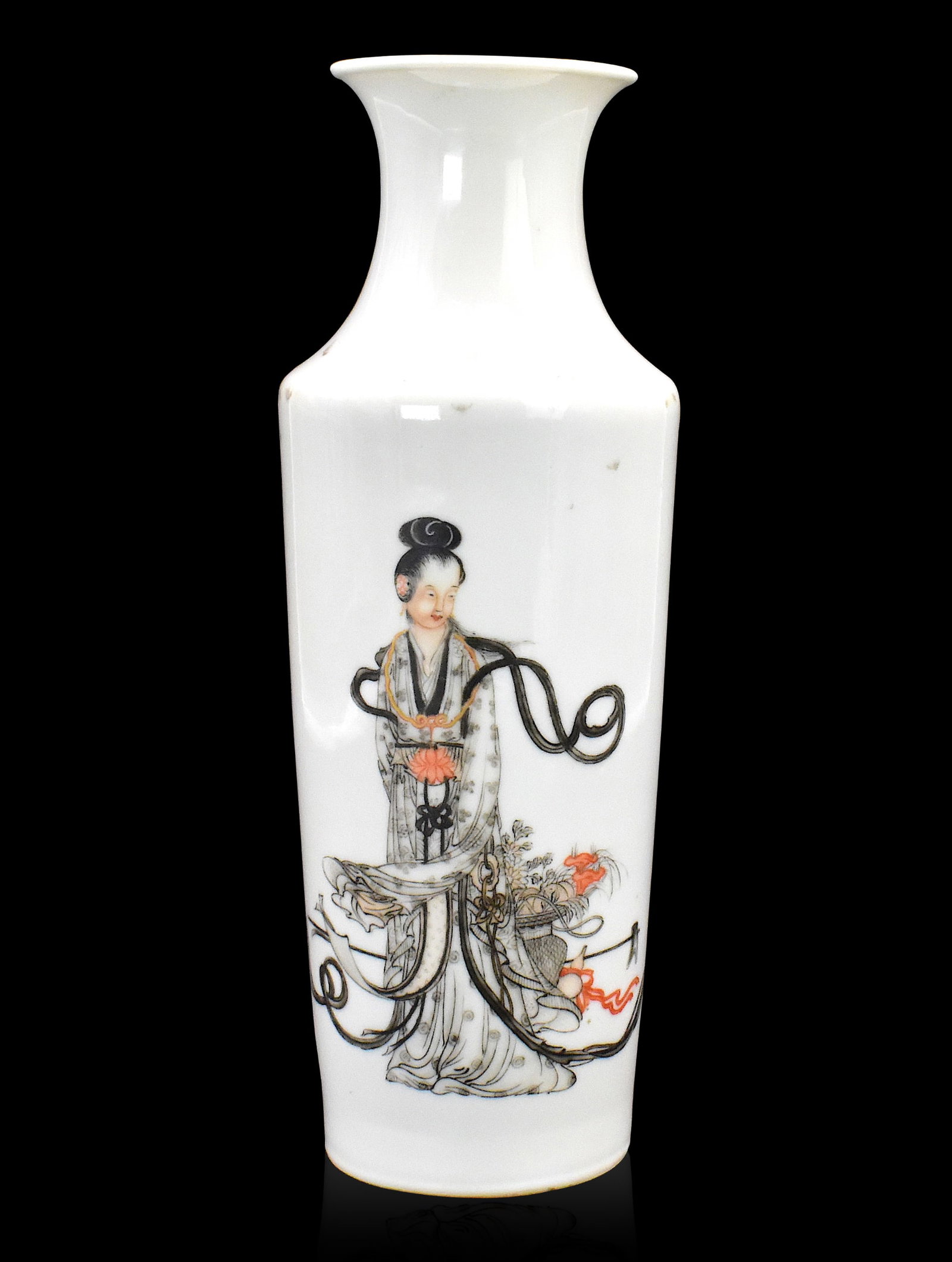 Chinese Iron Red Grisaille Vase w/ Figure, ROC Pe.: A Chinese iron red grisaille vase with lady figure, dating from the Republic period. A cylindrical body tapering at high shoulder with short neck ending in flared mouth. female lady wearing robe stand