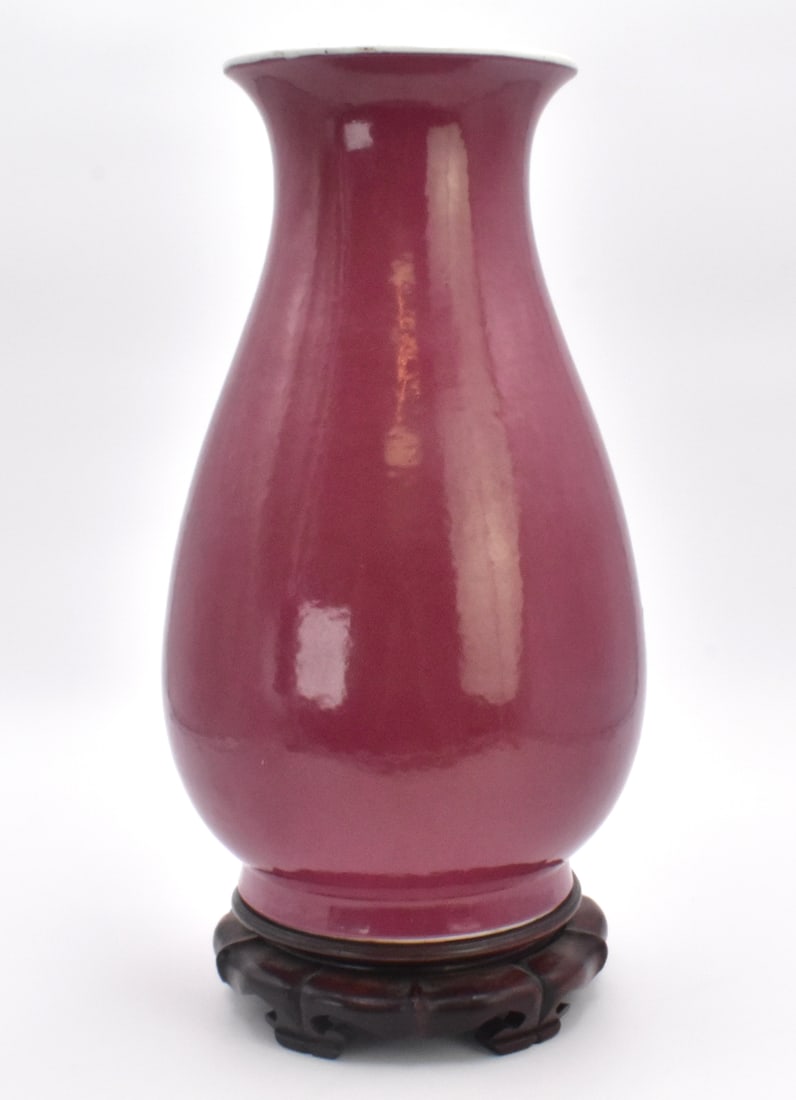 Chinese Carmine Red Glazed Vase, 19th C.: Chinese carmine red glazed vase, dated from 19th C. rounded body with a short neck to a flared mouth rim, standing on a short circular foot ring, covered with dark red (carmine) glaze to exterior and 