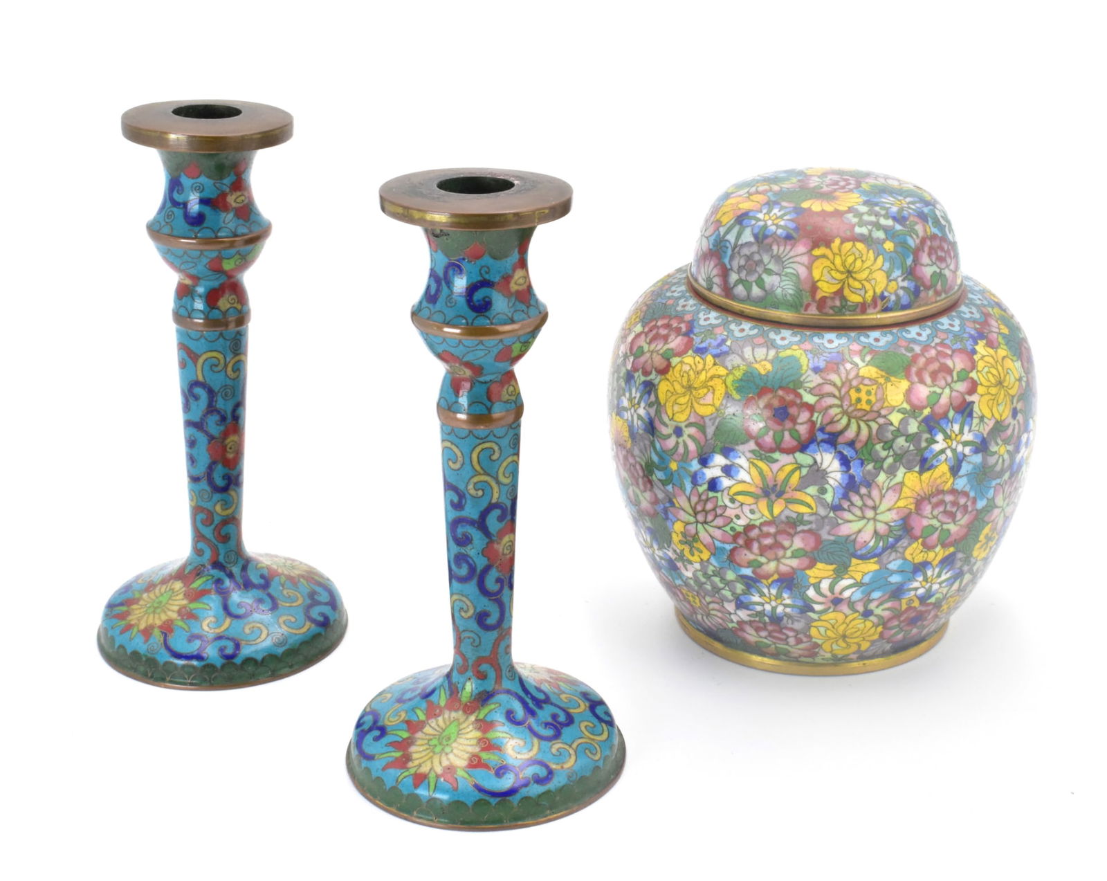 Pair Chinese Cloisonne Candle Stick & Jar, ROC P. (1 of 13)