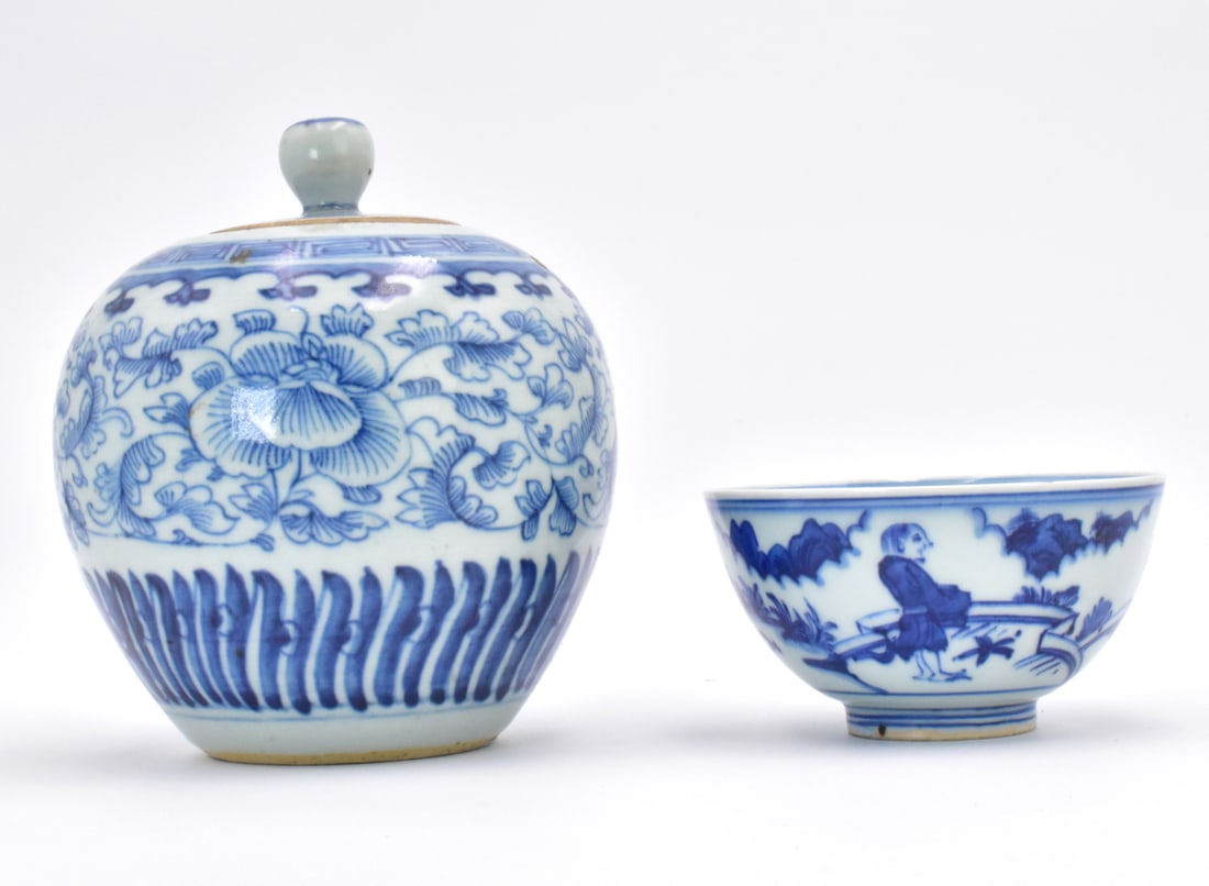 2 Chinese Blue & White Bowl & Covered Jar,19th C.: Two Chinese blue and white items; a bowl and a covered jar. Jar from 19th C. has narrow base and wide body that flattens at top, with cover and rounded finial. Scrolling floral design around body. bow