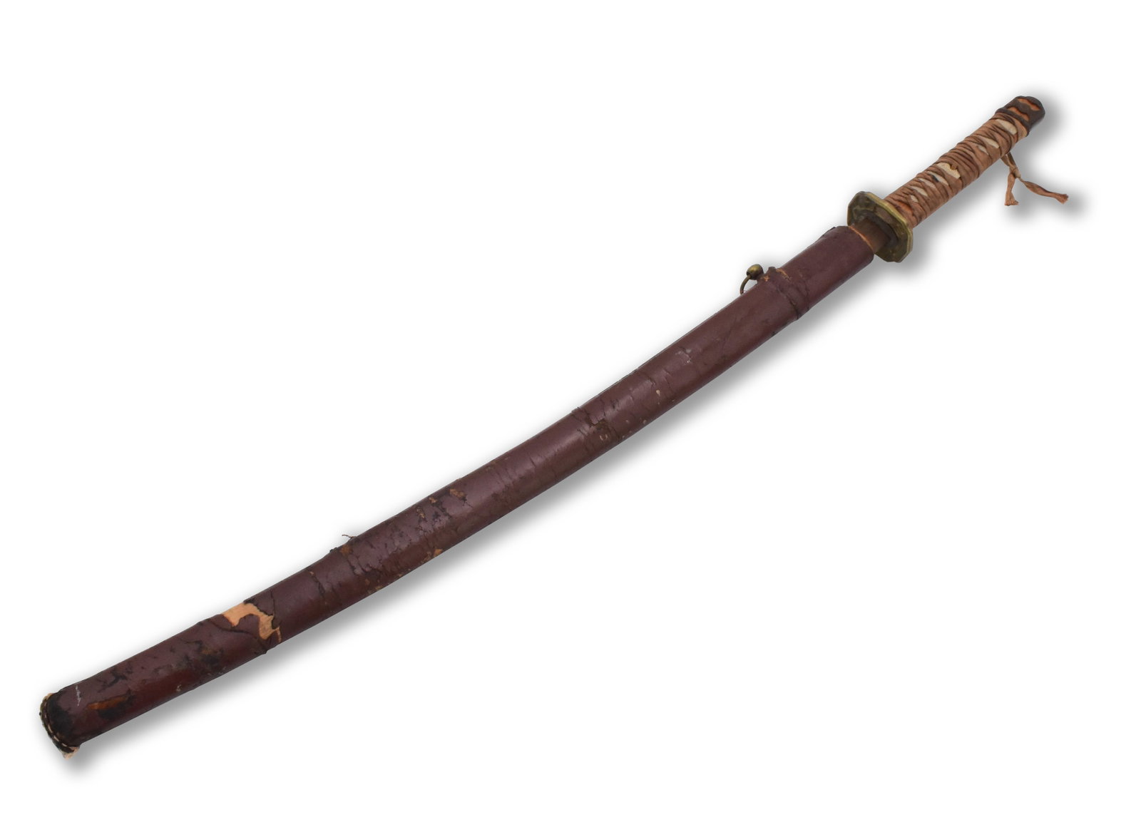 Japanese WWII Officer' Gunto Sword, 19th C.: Japanese world war II officer's sword with : leather wrapped wooden scabbard, brass hanging point, brass pommel guard & hand guard(cherry blossom ornamented), narrow strips of ray skin over the non la