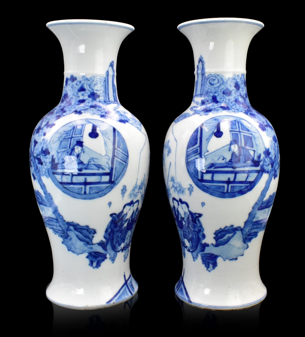 Pair of Chinese Blue & White Vase w/ Figure,19th C (1 of 17)