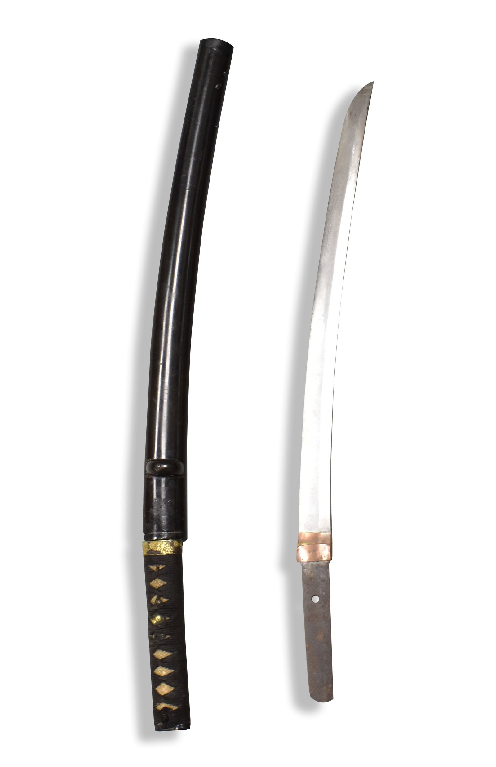 Japanese Wakizashi Sword, 17th C.: Japanese Wakizashi sword, dated from 17th C. wrapped ray skin handle with pair of Menuki in forms os Lion, Tsuba has raised gilt chrysanthemum design, black lacquered scabbard Overall L: 24 5/8"(62.5 