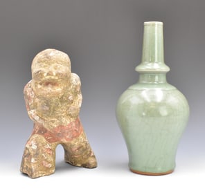 Chinese Longquan Ware Celadon Vase &Pottery Figure