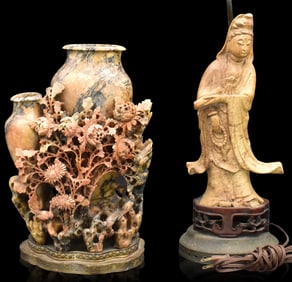 2 Chinese Soapstone Carved Guanyin & Vase