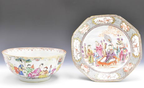 2 Chinese Famille Rose"Figural" Dish & Bowl,18th C
