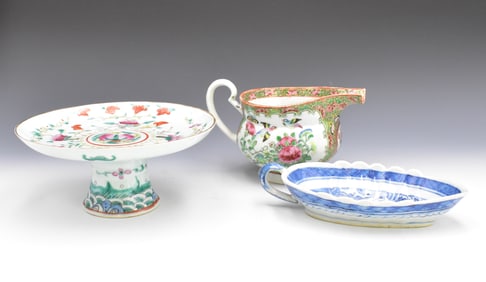 3 Chinese Creamer, Stem Bowl & Plate,19th C.
