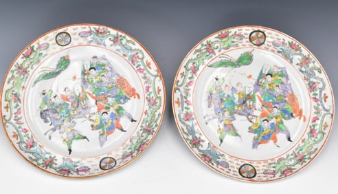 Pair of Chinese Canton Plates w/ Warriors, 19th C.