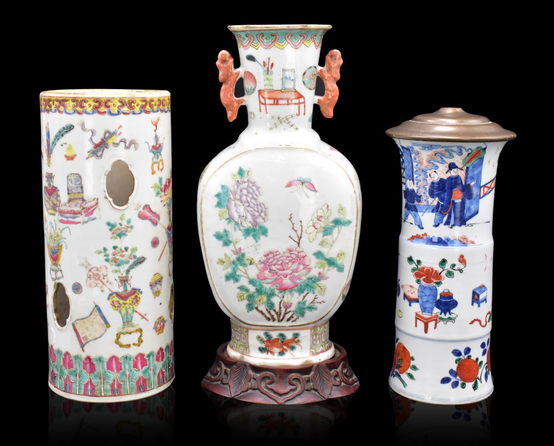 3 Chinese Famille Rose/ Verte Vases, 19th C. (1 of 20)