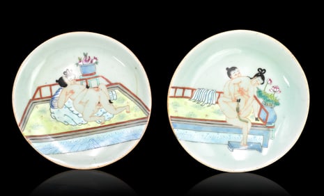 2 Chinese Celadon Famille Rose"Erotic" Dish,19th C