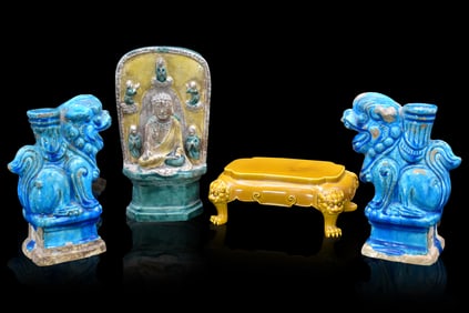 4 Chinese Table Objects: Shrine,Foo Lion & Stand