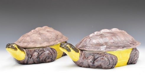 Pair of Chinese Sancai Glazed Turtle Covered Box