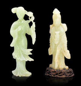 2 Chinese Jade Carved Lady & Guanyin Figure,ROC Pe