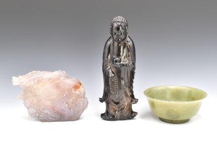 Jade Bowl & Agate Carved Boulder & Crystal Buddha