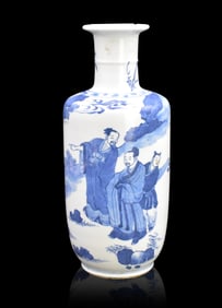 Chinese Blue & White Rouleau Vase w/ Figure,Kangxi