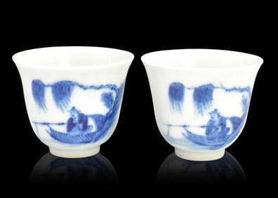 Pair of Chinese Blue & White Wine Cup,19th C.