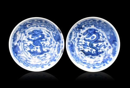 Pair of Chinese Blue & White Dragon Dish, 19th C.