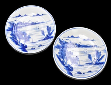 2 Chinese Blue & White Plate w/ Landscape,19th C.