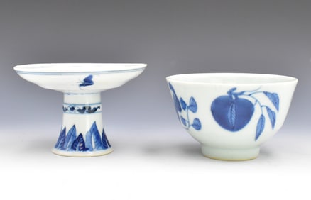 2 Chinese Blue & White Bowl & Stem Dish, 19th C.