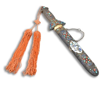 Chinese Silver Sword w/ Stone Inlaid, Qing Dynasty