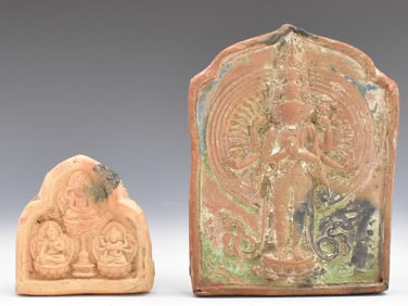2 Tibetan Sandstone Carved Buddha Plaque, 17th C.