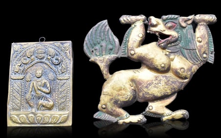 2 Tibetan Gilt Copper Plaque of Buddha&Lion,19th C