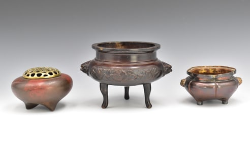 Group of 3 Chinese Bronze Tripod Censer, Qing D.