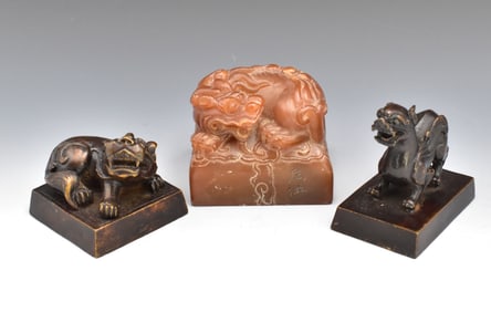 3 Chinese Bronze & Soap Stone Carved Foo Lion Seal