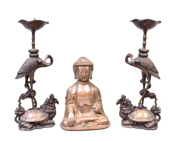 3 Chinese Bronze Buddha & Crane Candle Sticks