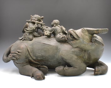 Large Chinese Wood Carved Girls on Water Buffalo