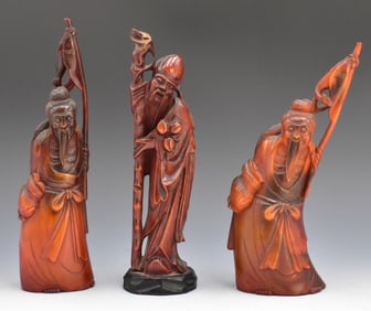 3 Chinese Horn Carved Fishermen & Wood"Shou"Figure