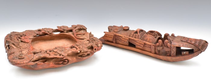 2 Chinese Bamboo Carved Washer & Boat