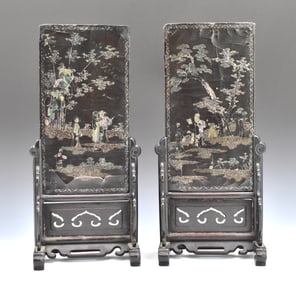 Pair Chinese Lacquered Screen w/ MOP Inlaid,Kangxi