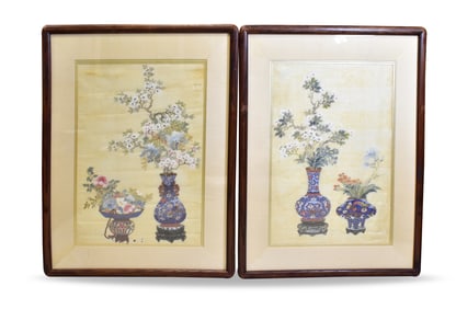 Pair Chinese Painting on Silk, Qing Dynasty
