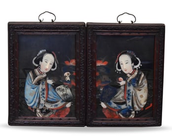 Pair of Chinese Reverse Glass Painting of Beauties