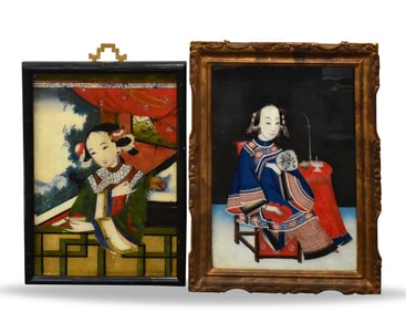 2 Chinese Reverse Painting of Beauties, ROC Period