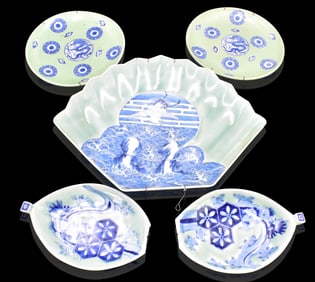 Group of 5 Japanese Celadon Blue & White Dishes