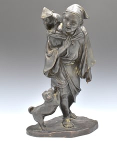 Japanese Bronze Monkey Man w/ Dog, Meiji Period