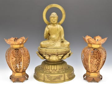 Japanese Bronze Buddha & Pair of Gilt Lantern