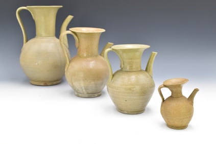 4 Chinese Yue Ware Celadon Ewer, Yuan Dynasty