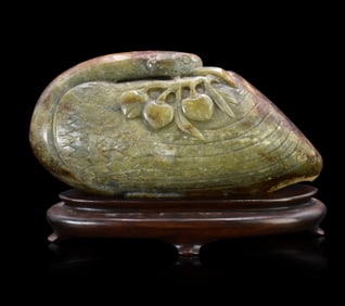 Large Chinese Grey Jade "Crane & Peach",17th C.