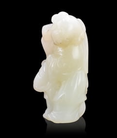 Chinese White Jade Carved Boy Holding Flag,18th C.
