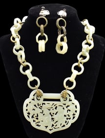 White Jade Carved Necklace Plaque&2 Earring,18th C